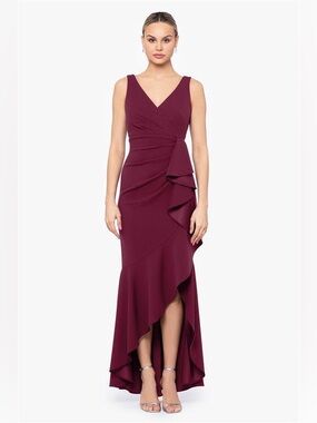 Betsy & Adam Sleeveless V-Neck Spiral Ruffle Cascade Gown Dress Size 10 Burgundy